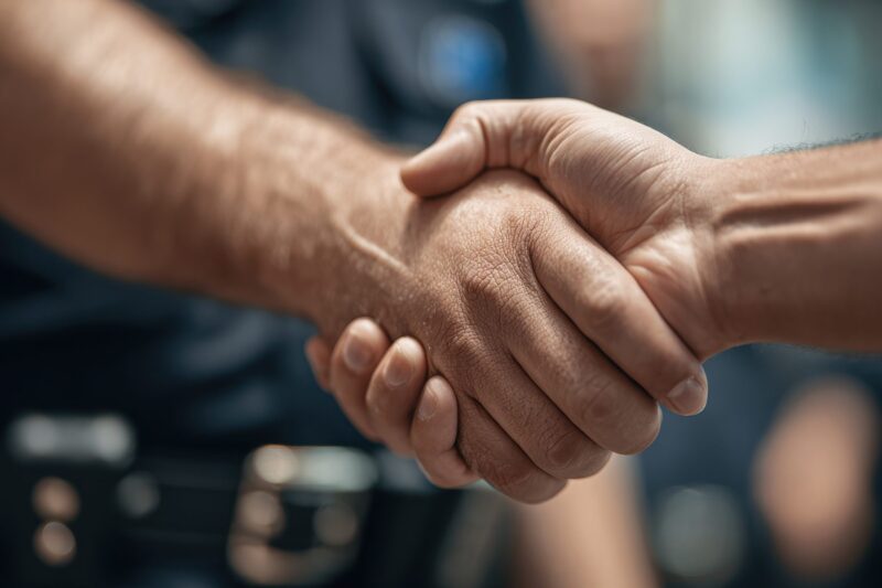 A handshake between community safety partners in Junction City, Oregon